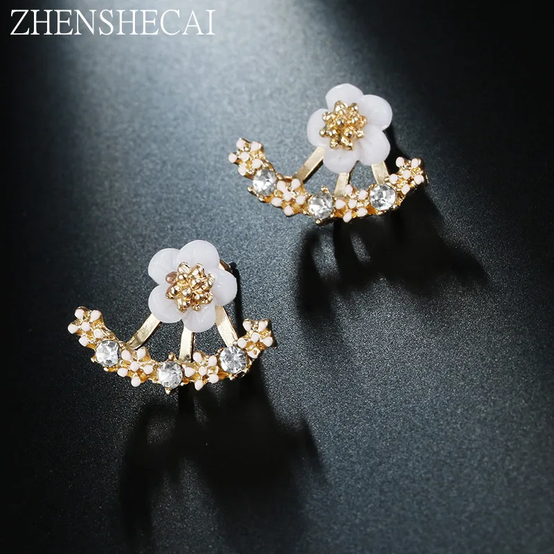 

Flower Crystals Stud Earrings for Women Rose gold color Double Sided Fashion Jewelry Earrings female Ear brincos Pending E0384