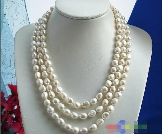 

FREE SHIPPING>>>@@ > 3ROW 10MM WHITE BAROQUE FRESHWATER CULTURED PEARL NECKLACE p886 ^^^@^Noble style Natural Fine jewe &