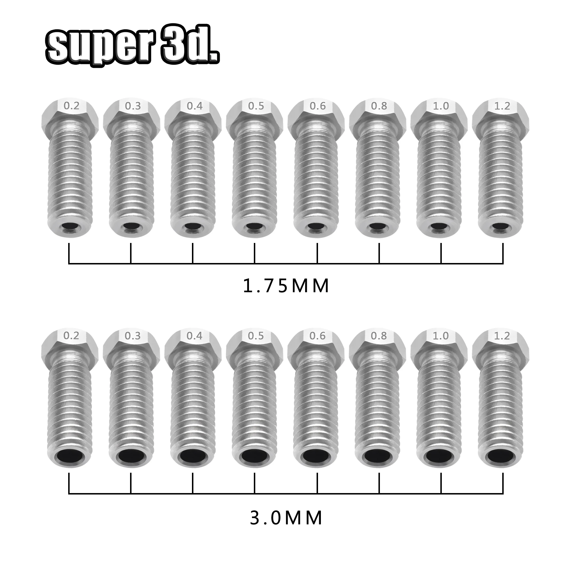 5 шт сопла из нержавеющей стали для 3D-принтера 0,2 мм-1,2 мм для 1,75/3,0 мм дополнительные удлинительные насадки M6