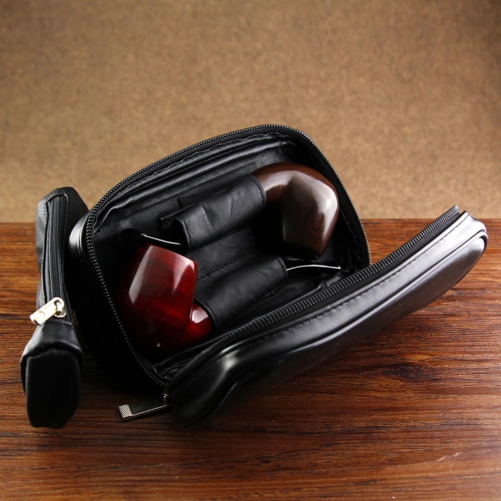 New Smooth Leather Bag for 2 Smoking Pipes Tobacco Bag Solid Black
