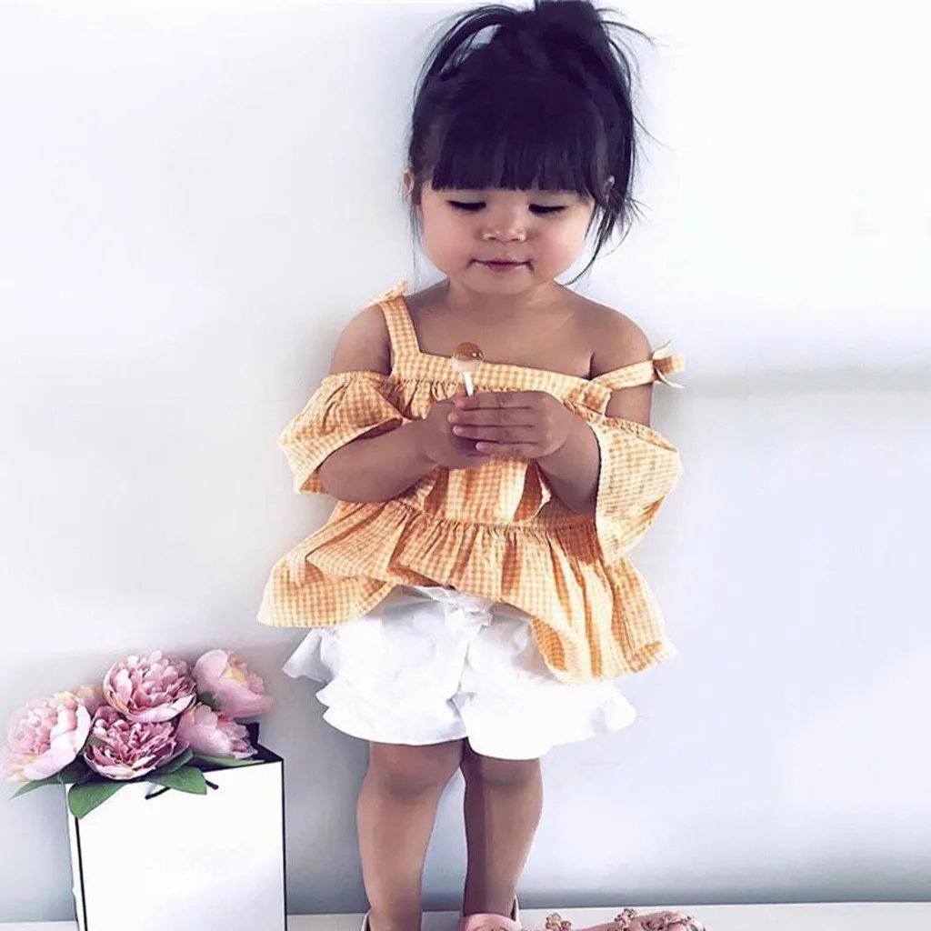 

Baby girl summer clothes Sleeveless Plaid T-shirt+Shorts 2Pcs Girls Clothes set boutique kids clothing 2 3 4 5 6 Years wear