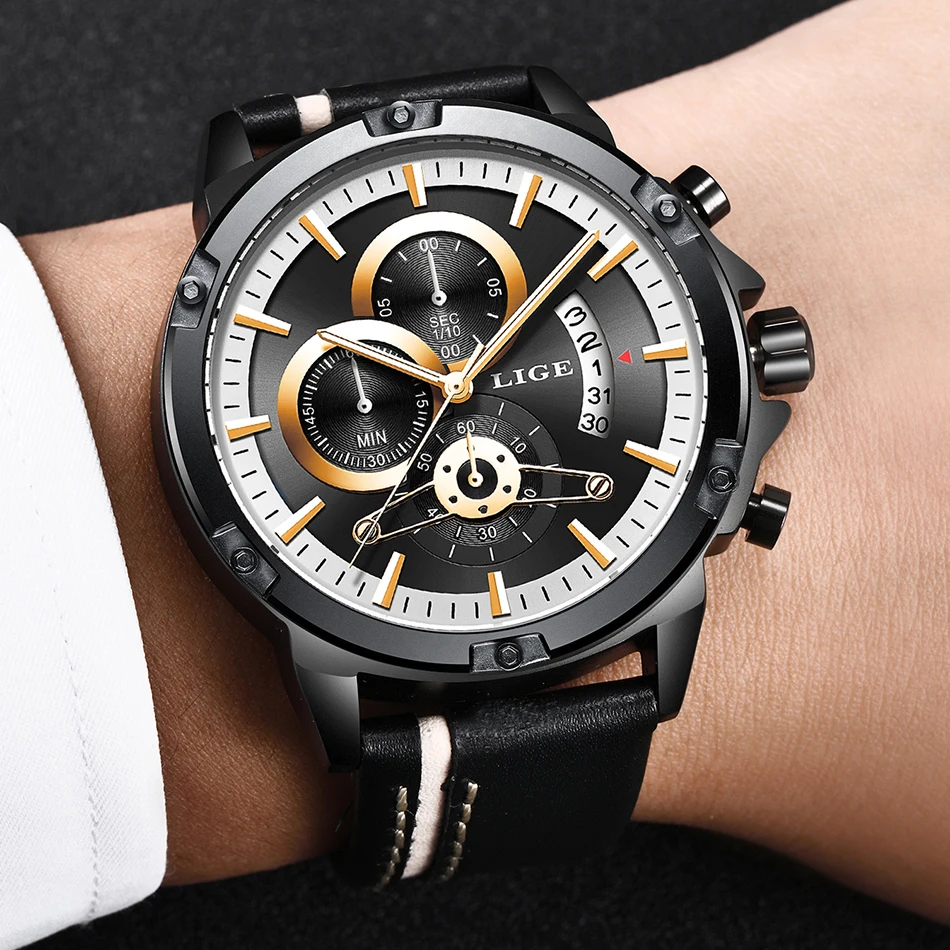 

2019LIGE New Men Watch Top Brand Casual Fashion Quartz Watches Male Leather Sport Waterproof Chronograph Watch Relogio Masculino