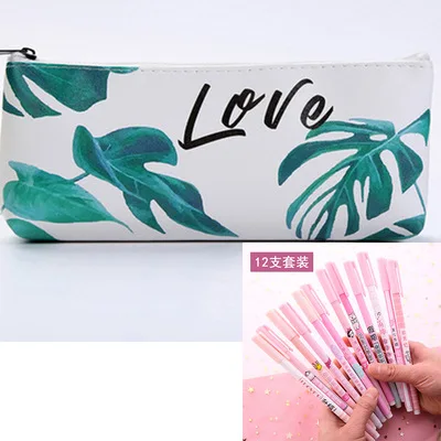 love 12pens Из искусственной кожи тропический пальмовый лист узорчатый карандаш держатель канцелярские сумки для школы офиса косметический макияж Организации - Цвет: love 12pens