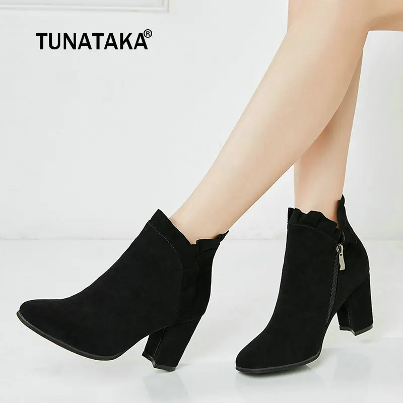 

Women Fashion Square Toe Flock Zipper Boots Comfortable Thick High Heel Ankle Boots Lace Shoes Woman 2018 Size 34-43