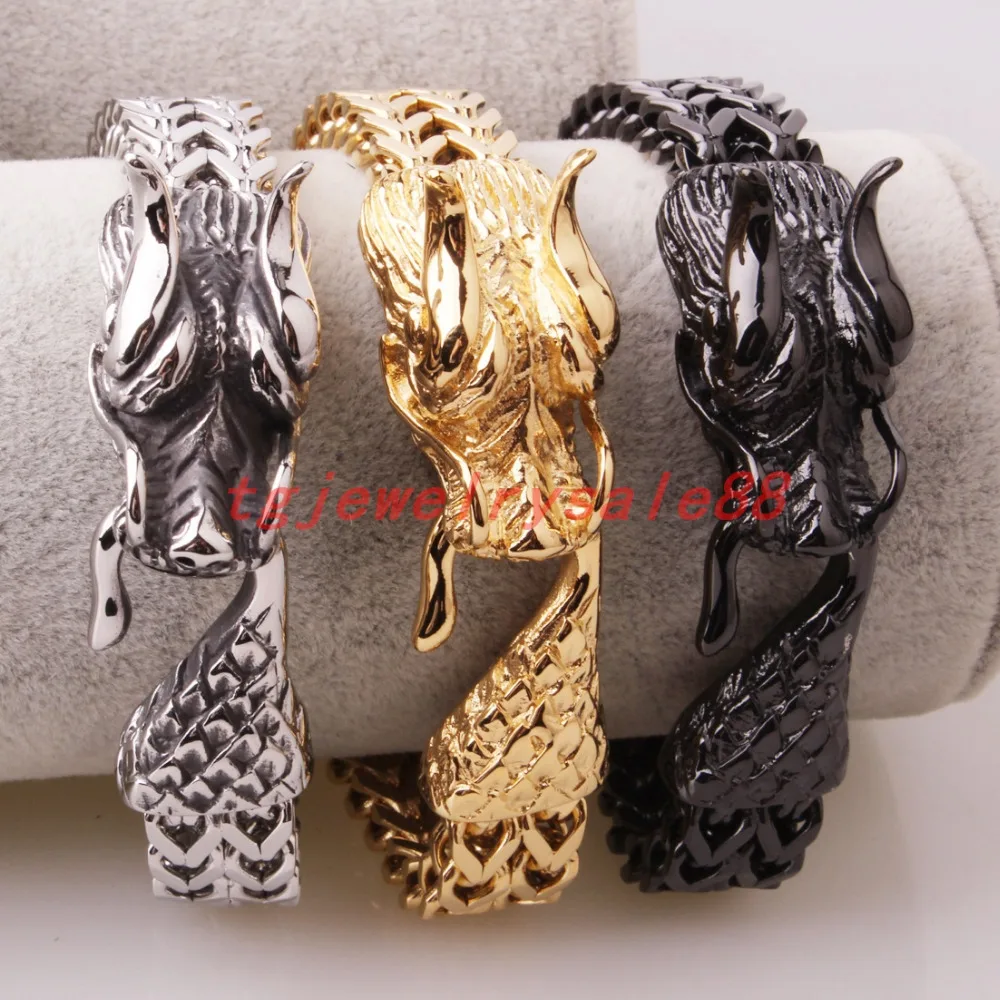 

Fashion Popular Dragon Head Clasps Chic Design Stainless Steel Figaro Rolo Chain Bracelet Biker Men's Silver Gold Black Jewelry