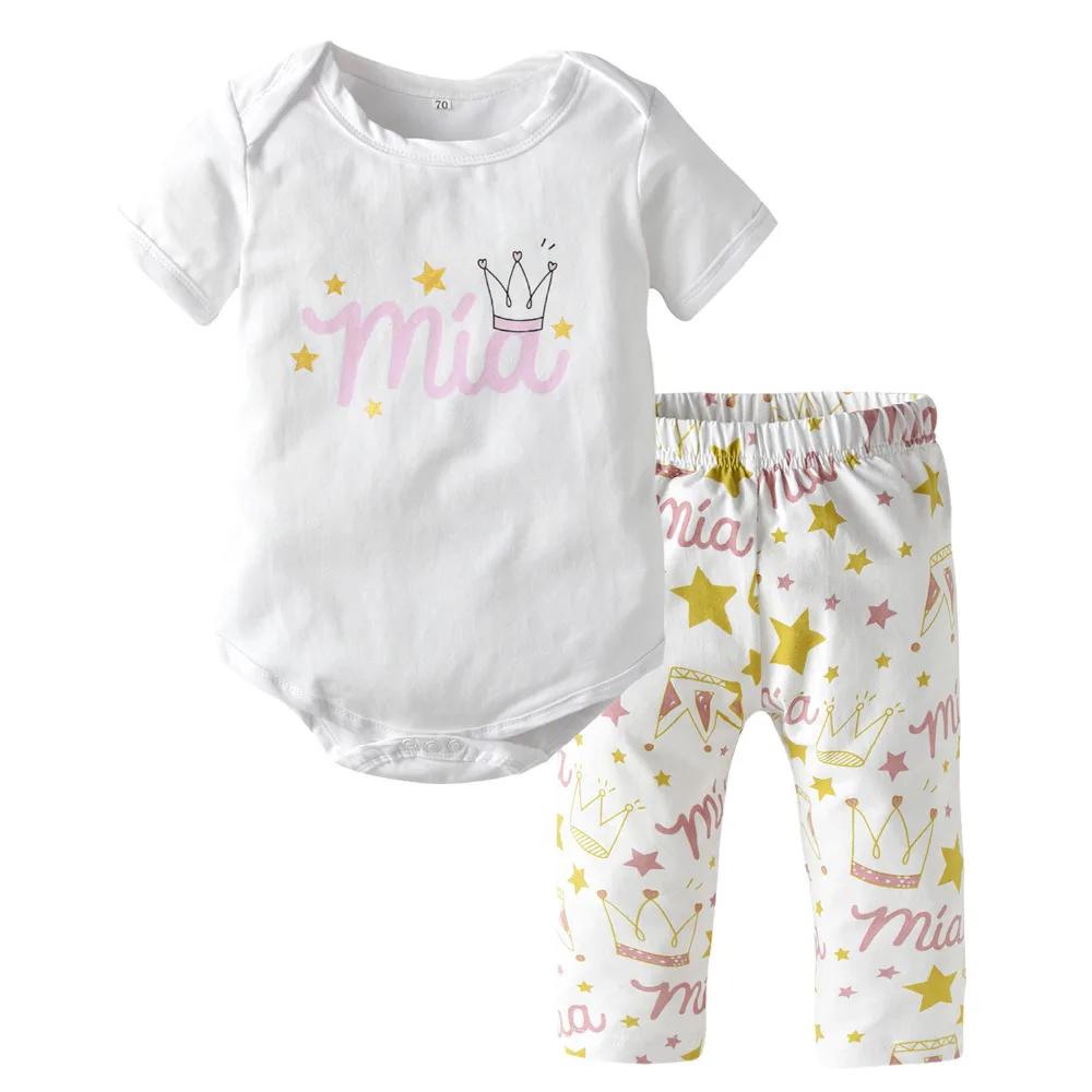 Комплект одежды для новорожденных девочек, модная Милая Одежда для маленьких девочек боди с короткими рукавами+ штаны, одежда для малышей Миа с принтом короны