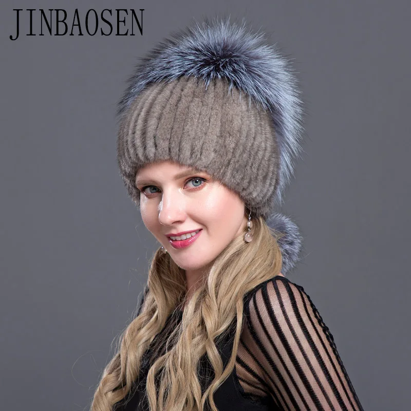 

JINBAOSEN Russian mink fur hat cap otter with fox combined with fur fashion hat knitted wool liner winter woman's fur ski hat