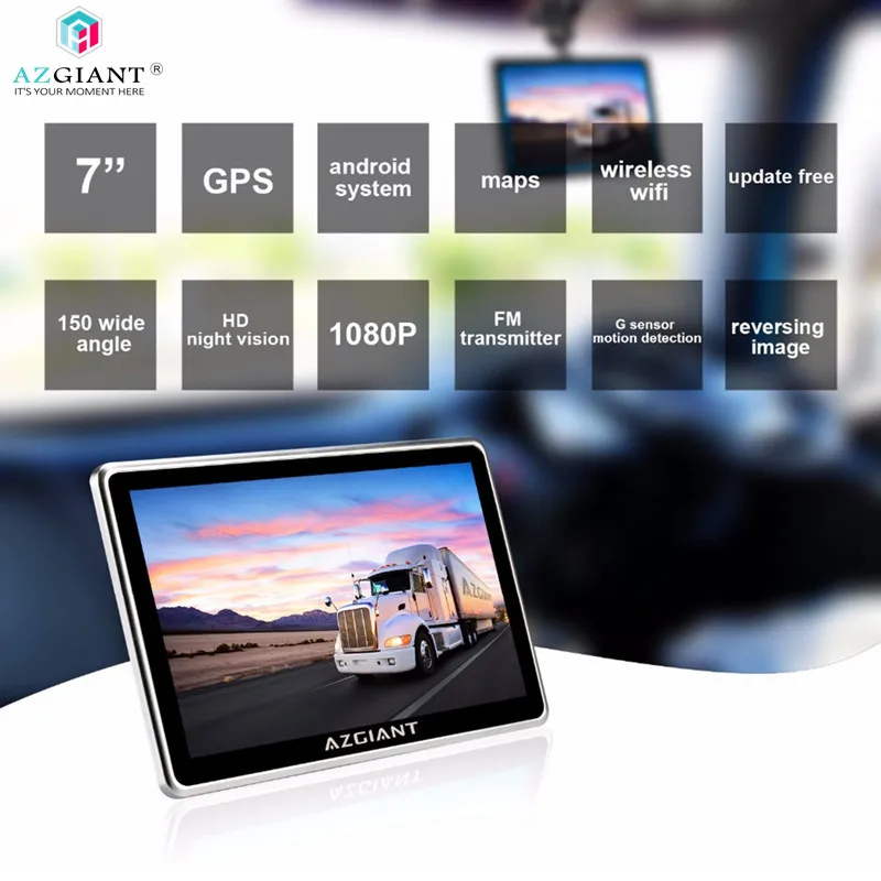 

AZGIANT 7" Blutooth WiFi Car Truck Navigation GPS DVR SAT Tablet Touch Screen Android driving recorder Life Free Map Dash Cam