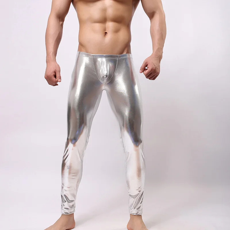 

WOXUAN Brand Men Metallic Long Pants Male High Stretchy Pants Solid Long Johns Bright Men's Leather Pants Good Wear