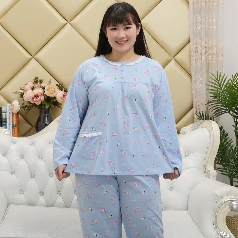 Женские весенне-осенние хлопковые пуловеры, пижамный комплект, длинные штаны с длинными рукавами, домашняя одежда большого размера 2XL-5XL - Цвет: 8876