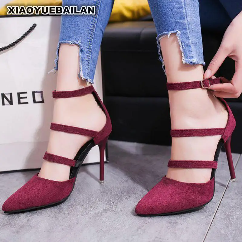

2018 Spring Europe And America New Sharp Pointed High Heels Thin Shallow Buckles Women Shoes Ankle Strap Single421
