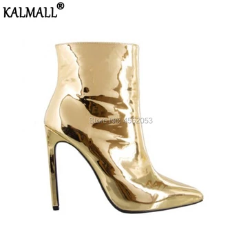 

KALMALL Sexy Runway Shoes Women Stiletto High Heels Pointed Toe Botas Feminina Metallic Leather Gold Silver Ankle Boots Big Size
