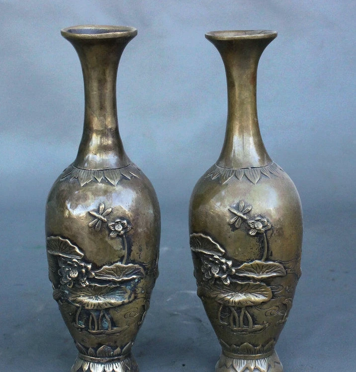 

8" Old China Fengshui Bronze Lotus Flower Fish Dragonfly Vase Bottle Pot Pair