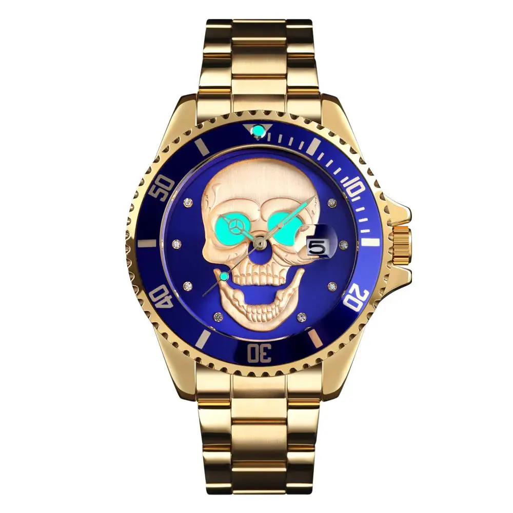 gold blue SKMEI Для мужчин череп кварцевые мужские часы с изображением скелета Креативные часы Нержавеющая сталь мужских часов Водонепроницаемый наручные часы Relogio Masculino - Цвет: gold blue