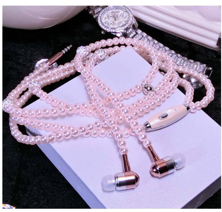 

Built-in Mic Fashion Pearl Necklace In-ear Earphone Line Control Hands-free Call Universal For Android Cellphones Hadset