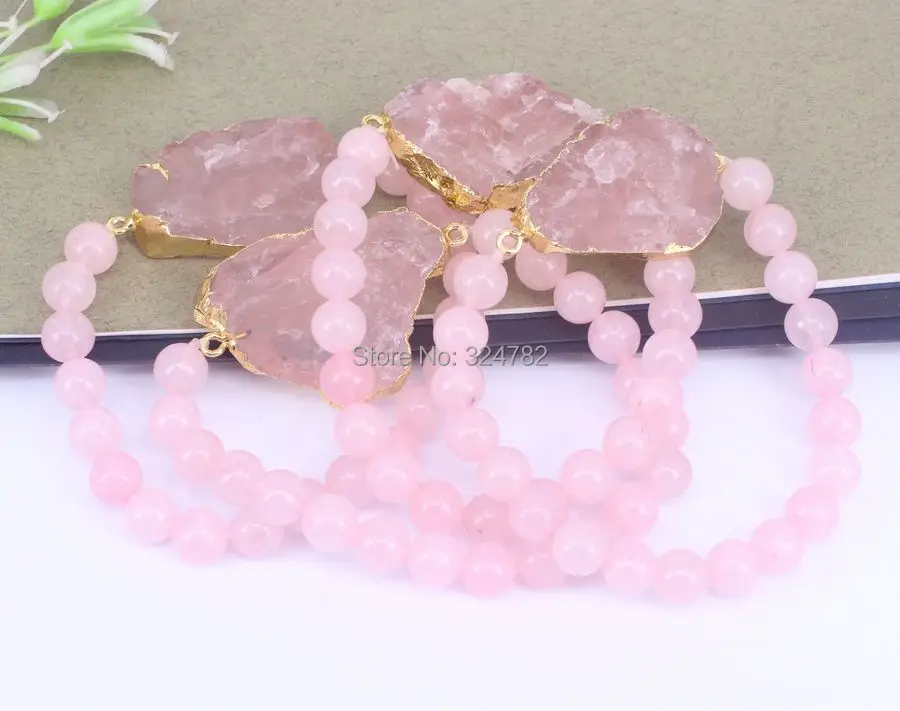 

5 Strands Natural Pink Quartz Stone Connector Bracelets,With 8mm Natural Pink Quartz Beaded Bracelets,Charm DIY Bracelet