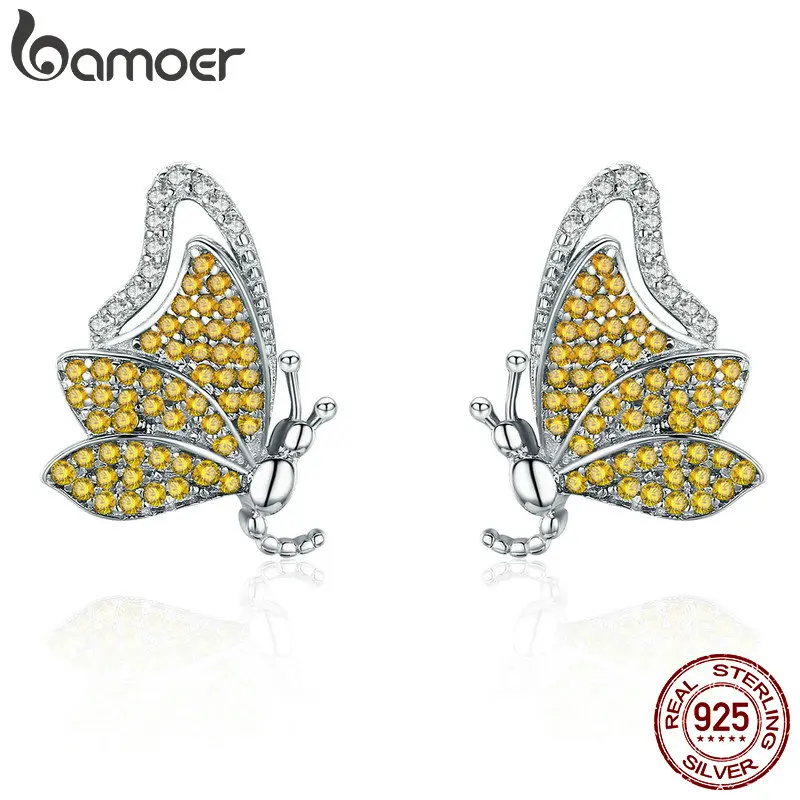 

BAMOER 100% 925 Sterling Silver Dancing Butterfly Yellow CZ Exquisite Stud Earrings for Women Sterling Silver Jewelry SCE369