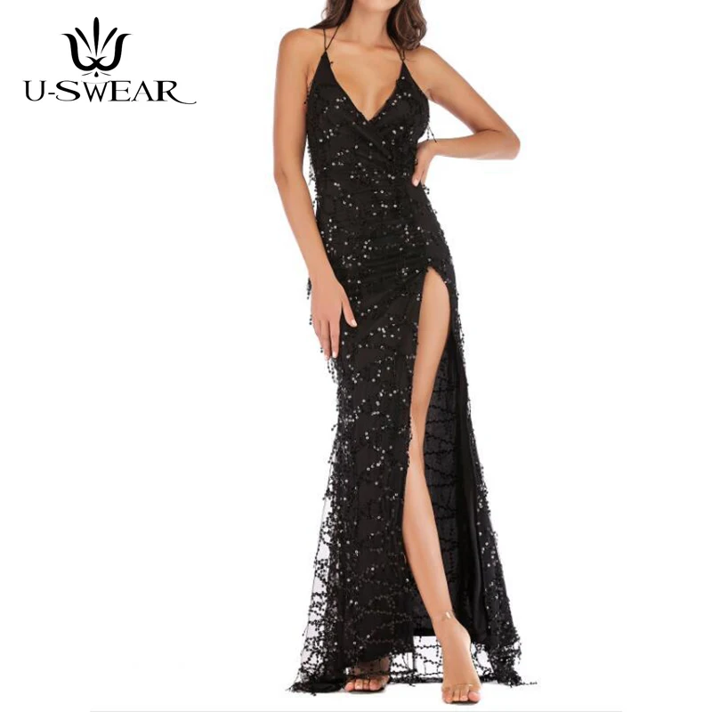 

U-SWEAR Long Dresses Evening V-Neck Halter Spaghetti Straps Split Evening Prom Party Dresses Formal Gown Dresses Robe De Soiree