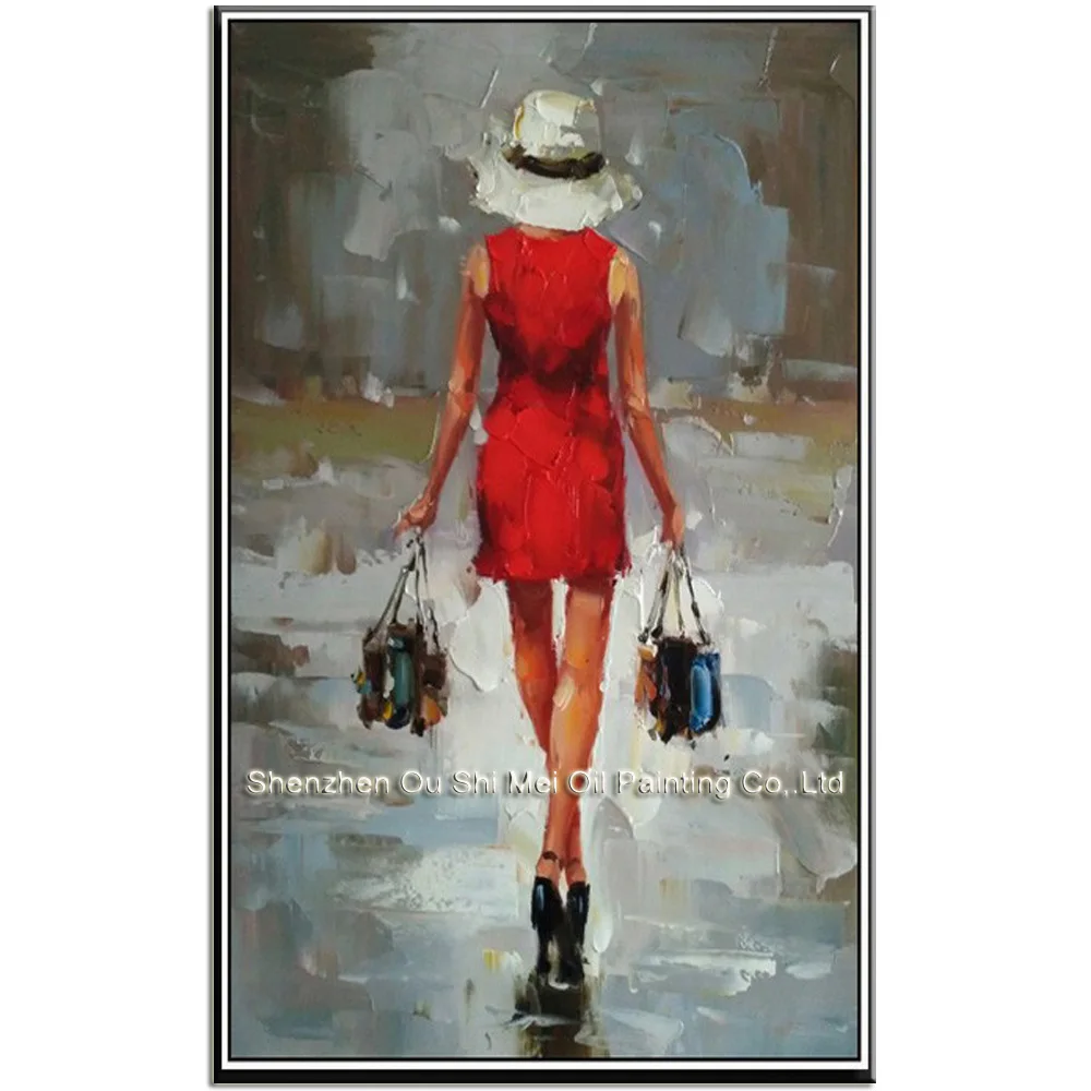 Hand Painted Red Dress Woman's Figure Shopping Oil Paintings Impression Character Painting on Canvas For Living Room Decor Art | Дом и сад