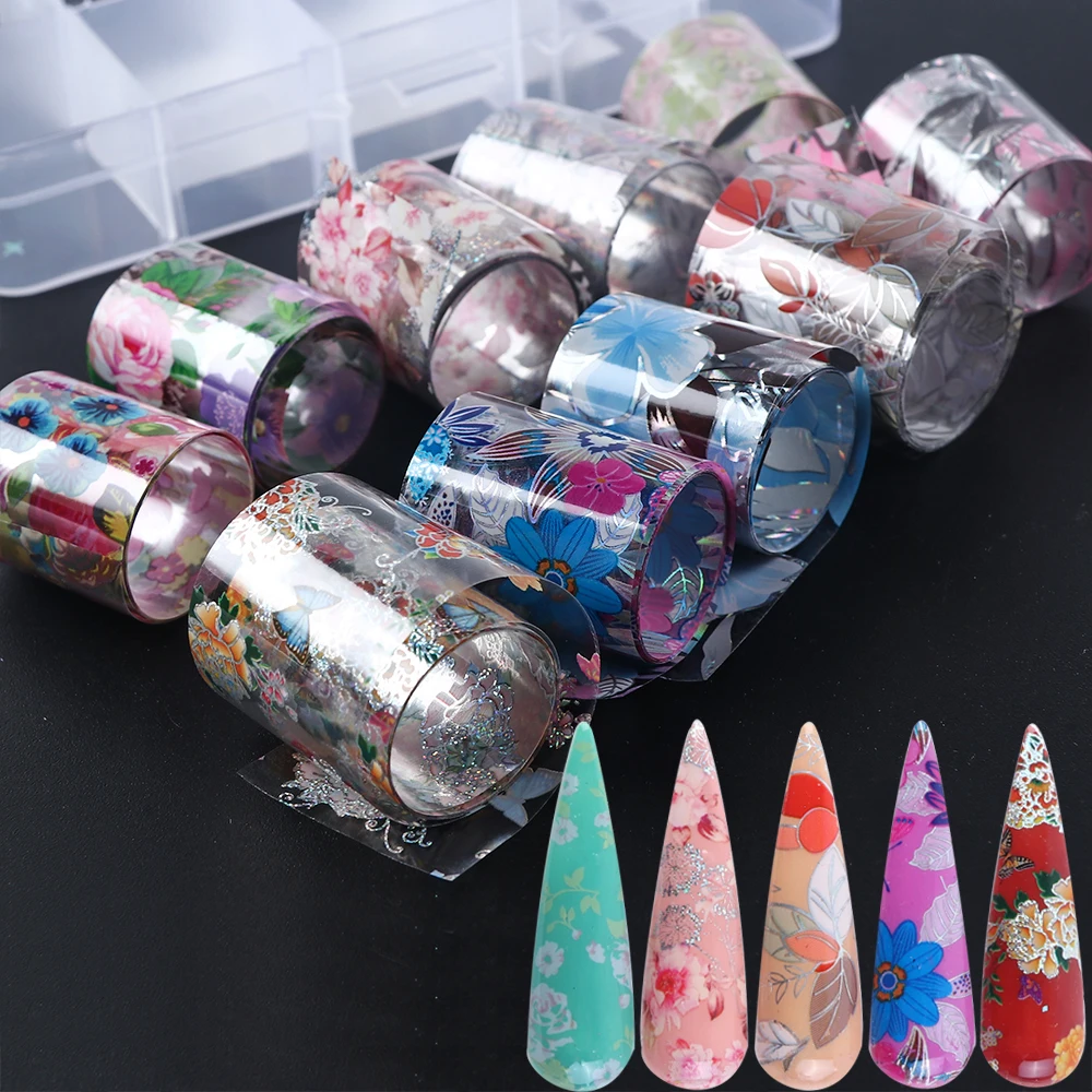 

10 Roll Holographic Flower Nail Foil Decal Blooming Flowers Design Wraps Transfer Sticker for Manicure Transparent Slider TR1025