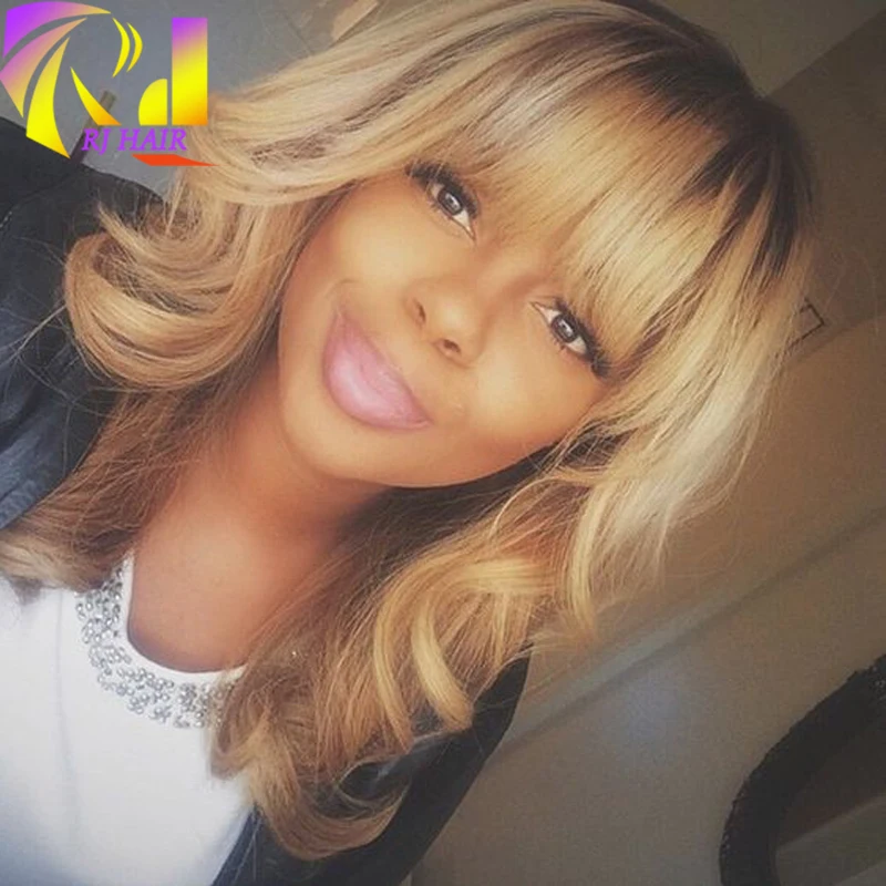 Honey Blonde Curly Human Hair Short Wig With Bangs Ombre Color1b