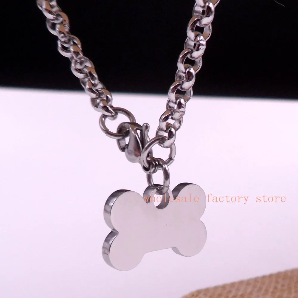 

For women Men's Stainless steel Necklace Dog Bone Tag Pendant Smooth Rolo chain 4mm 22''