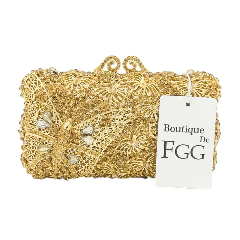Boutique De FGG золото бриллиант бабочка Minaudiere Для женщин расшитая кристаллами Сумочка