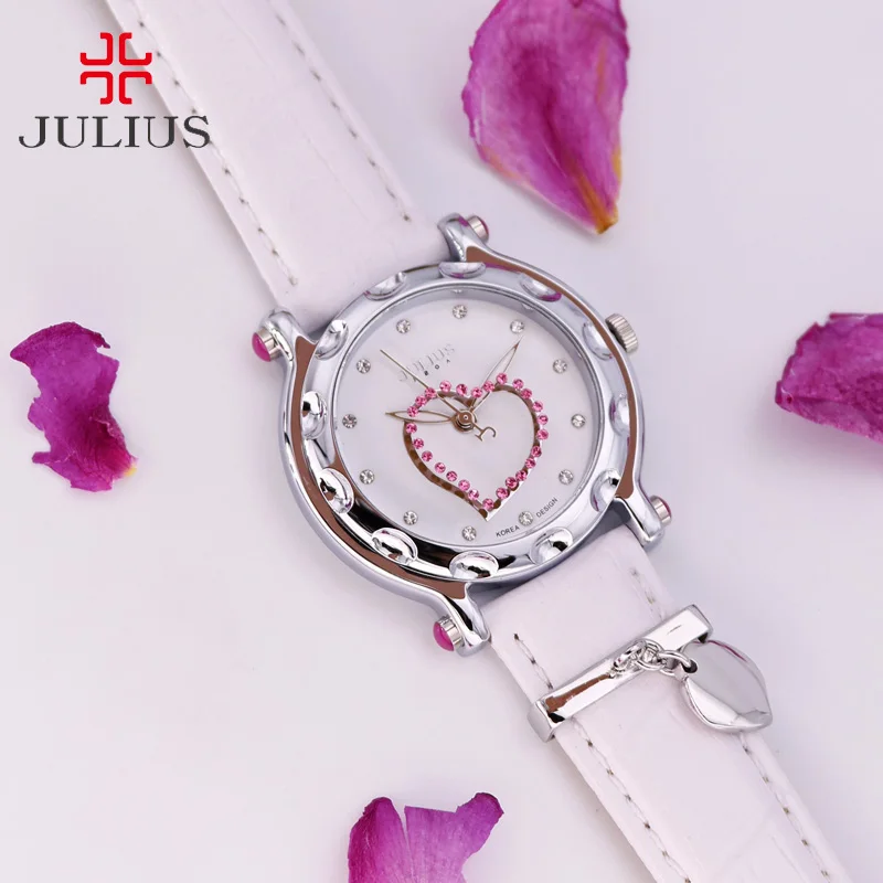 

Top Lady Women's Watch Hours Japan Quartz Elegant Rhinestone Heart Fashion Clock Bracelet Leather Girl Gift Julius Box