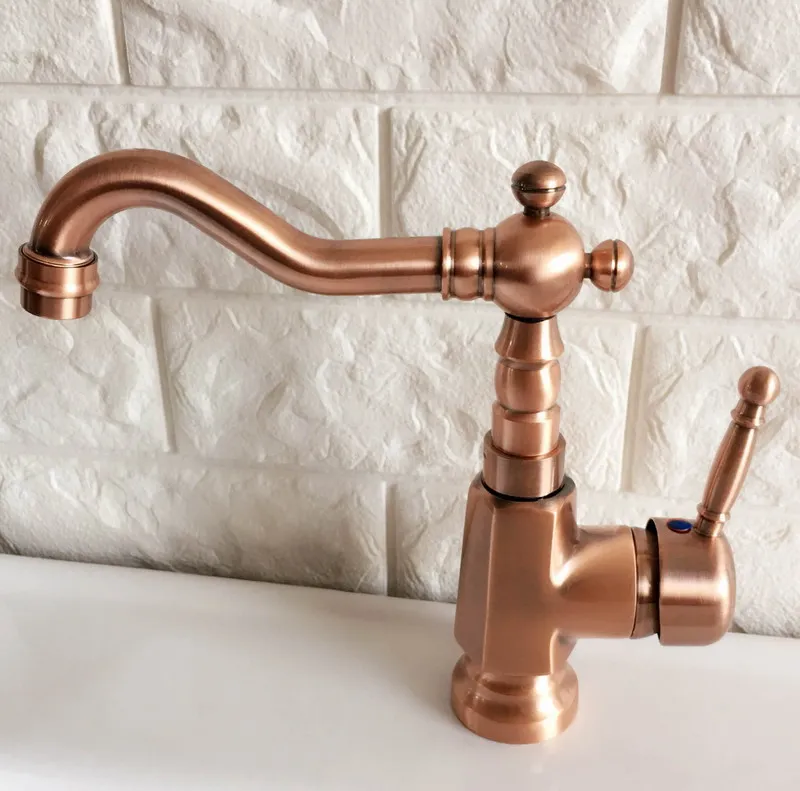 Antique Red Copper Brass Bathroom Kitchen Basin Sink Faucet Mixer Tap Swivel Spout Single Handle One Hole Deck Mounted mnf395