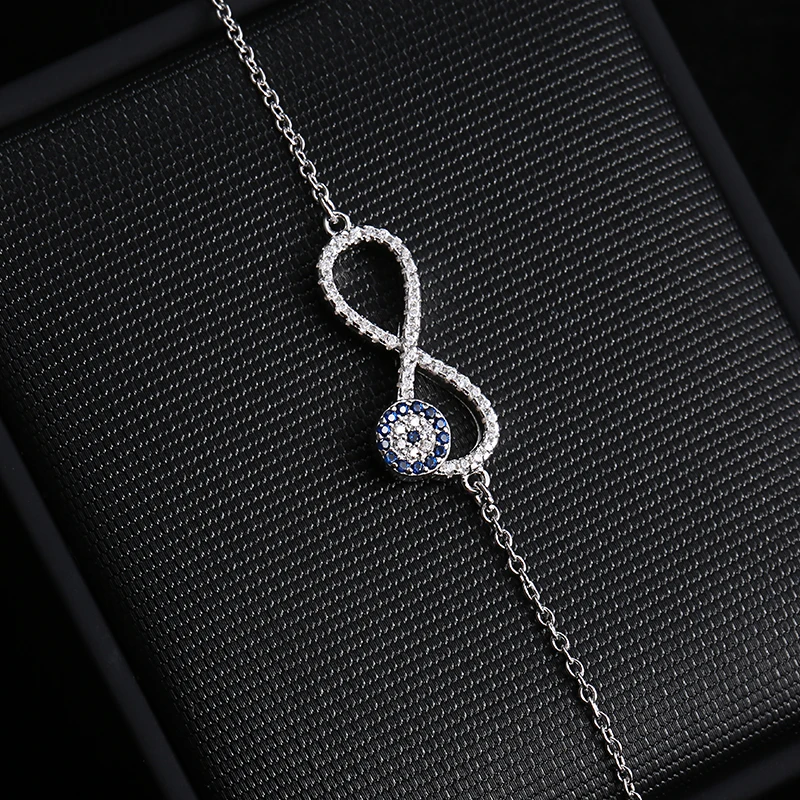 ELESHE 925 Sterling Silver Chain Link Women Bracelet Bangle Blue Rhinestone Lucky Eye&Infinity Charm Bracelet for Women Jewelry