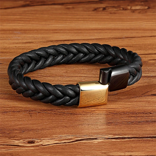 Men’s Geometric Braided Stainless Steel Buckle Clasp Genuine Leather Bracelet Budget Friendly Accessories