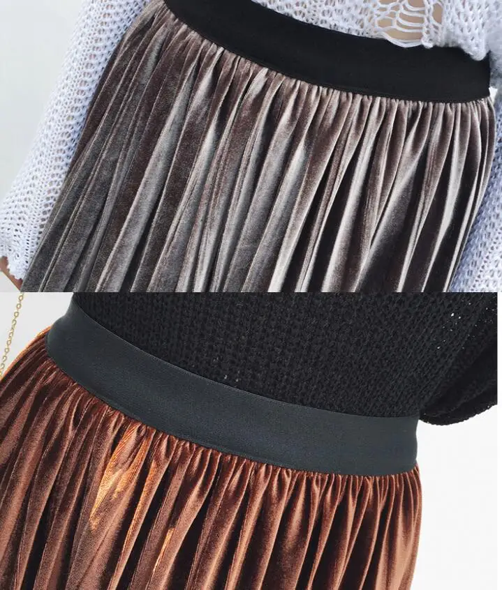 Винтажная велюровая Женская длинная Плиссированная юбка, Осень-зима, уличная мода, высокая эластичная талия, Saia Longa, женская, 10 цветов