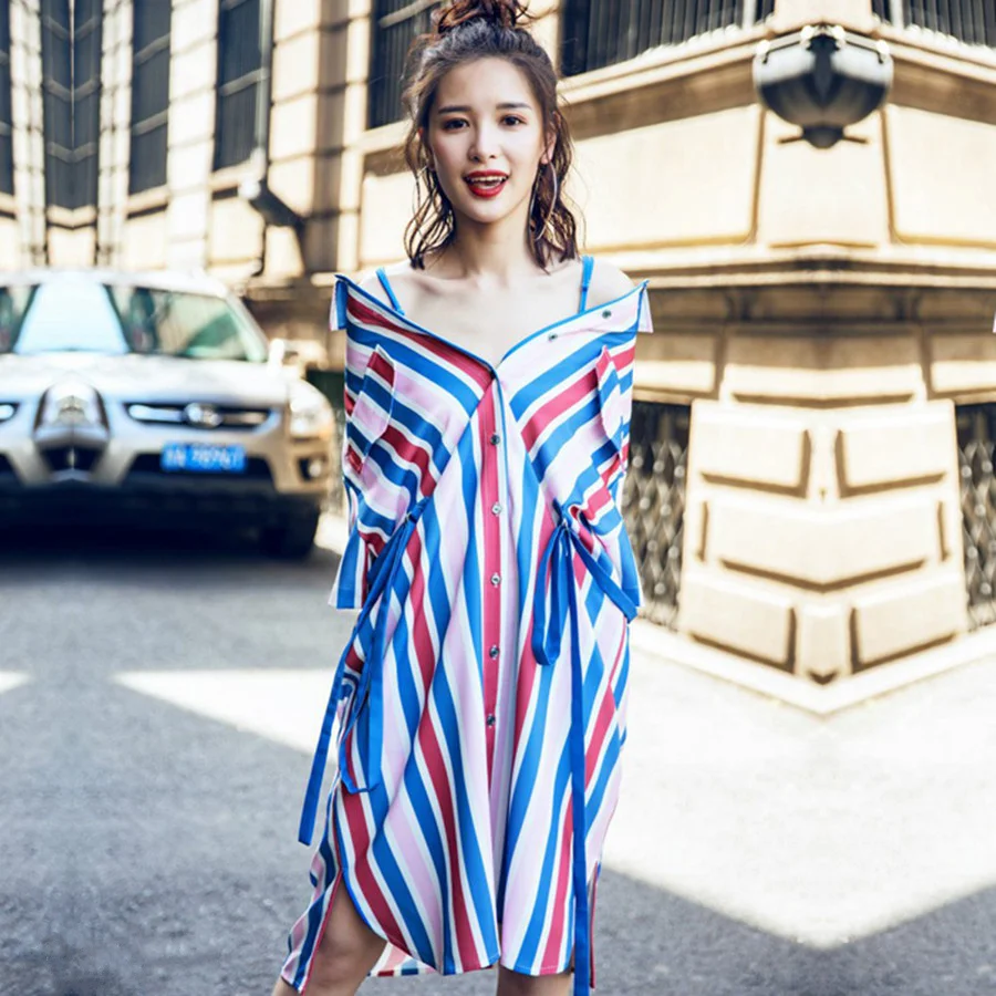 

Women Summer Oversize Dress Summer Bow Ribbons Decoration Casual Loose Big Size Midi Dresses Striped Print Chic Shirt Dress