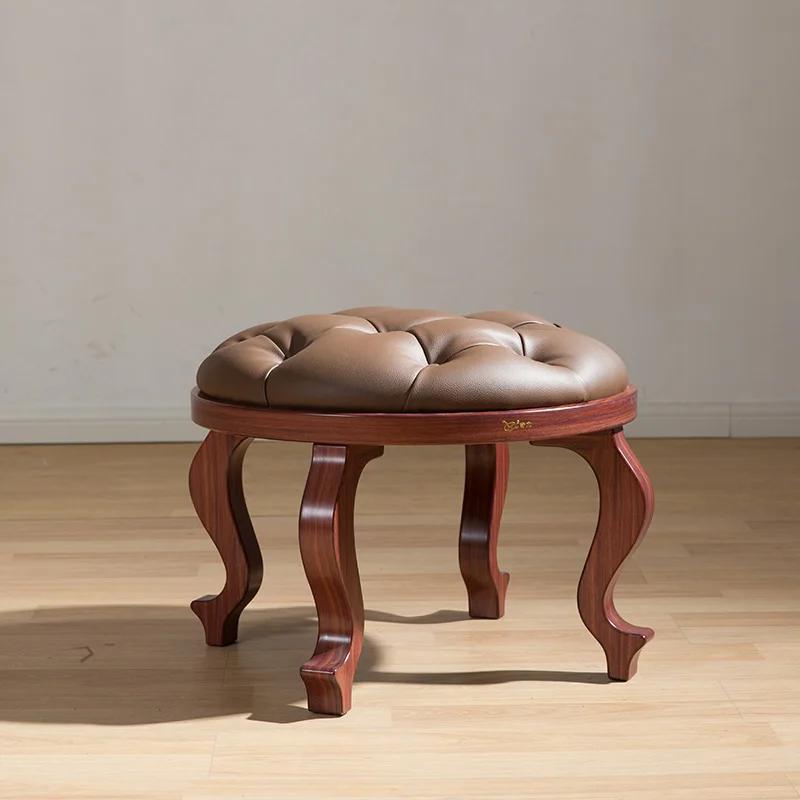 

Antique round Ottoman Walnut wood soft leathe four legs soft cushion foot stool suitable for the living room design furniture