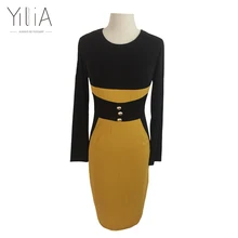 Bodycon vestidos de trabajo 2016 para mujeres yilia midi dress largo la oficina de la manga dress delgado patchwork amarillo negro con botones más tamaño