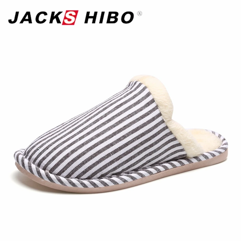 

JACKSHIBO Home Warm Slippers Short Plush Lining Striped Design Men Slippers Male Sandals Slip On Slides Home Shoes Size 42-45