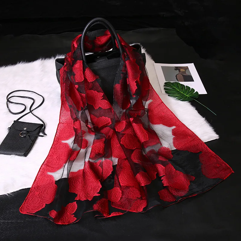 Вырезанные шарфы с цветочным принтом женский органза ажурный кружевной платок для защиты от солнца пляжное полотенце шелковые шарфы
