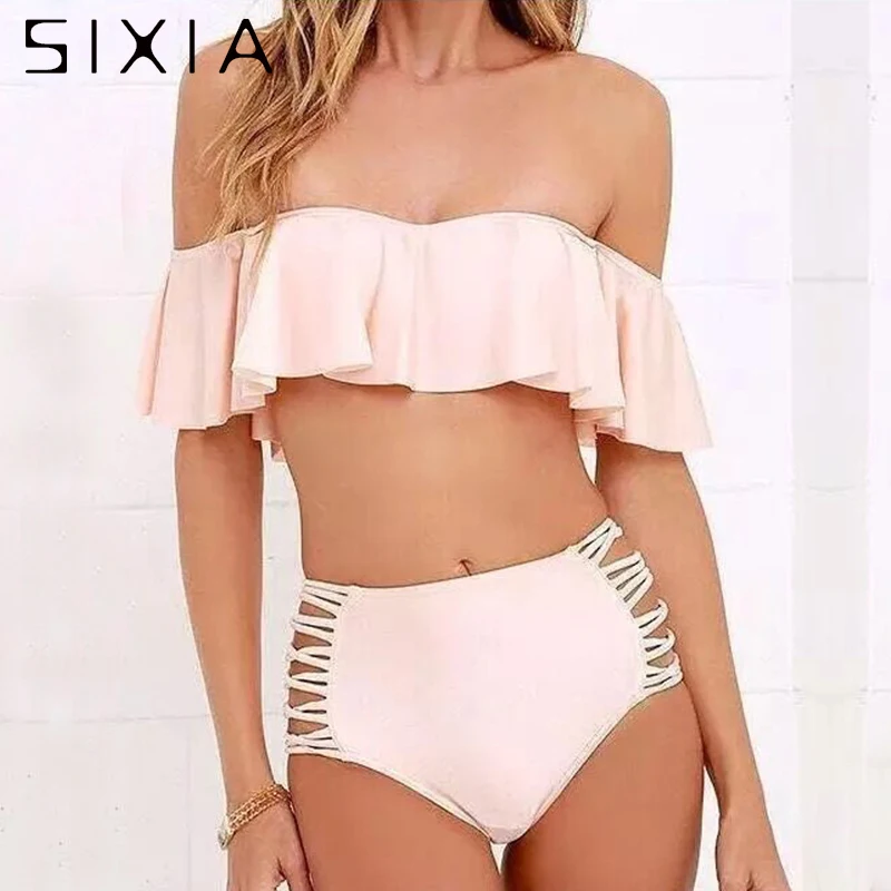 Bikini cuello bandeja rosado sólido, lindo bikini Bandeau para dama, traje de con talle en cintura alta para mujer, Vestido de baño femenino acolchado estilo fruncido, bañadores de playa 2017 _ -