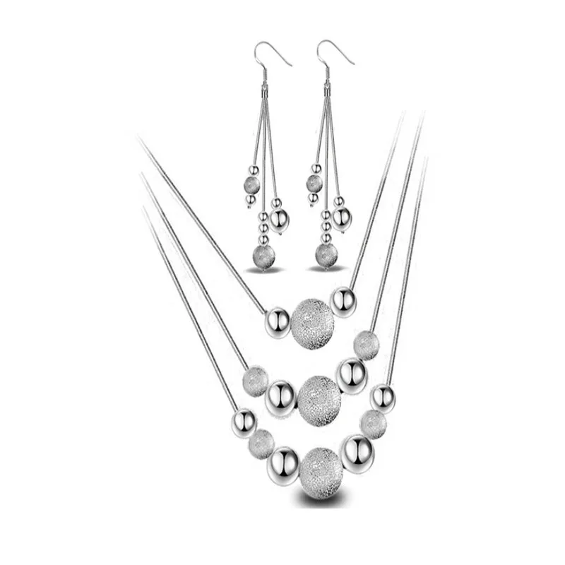 

Jewelry Sets Fashion Beads Long Necklace Silver Earrings for Women Silver Necklaces