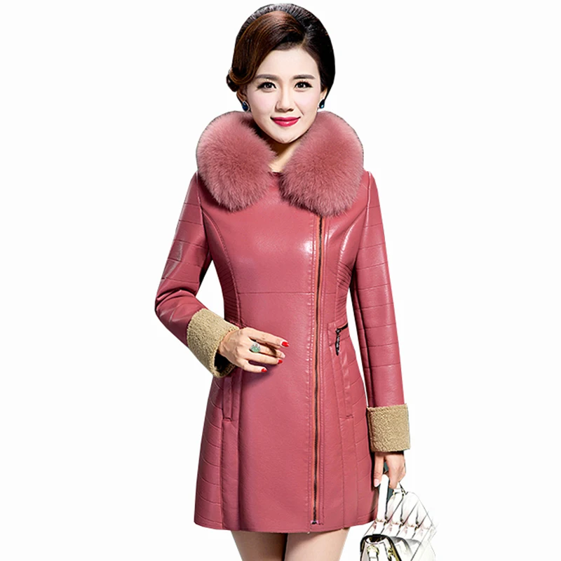 New Leather suede women winter thick warm plus size sheepskin coat leather jacket natural fox fur long leather outerwear QH1218