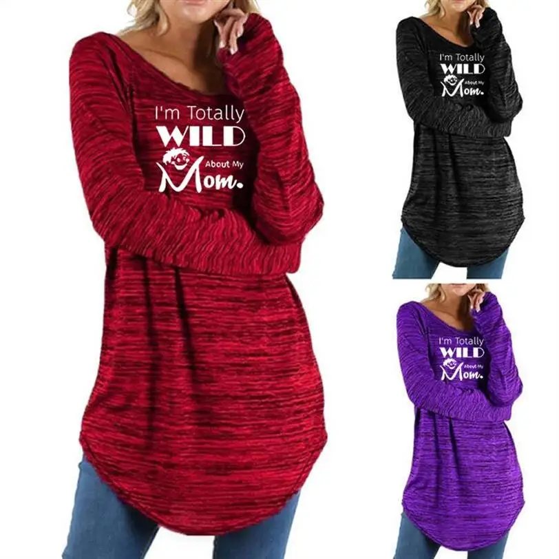 

2019 New Fashion T-Shirt for Women Round Neck Irregular Long Sleeve WILD Mom Letters Print Tshirt Plus Size Tops Harajuku Funny