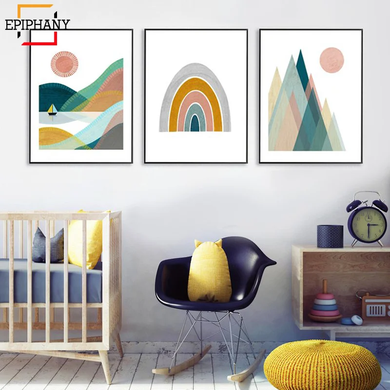 

Nordic Nursery Decor Mountain Sunshine Forest Print Painting Scandinavian Posters and Prints Kids Room Playroom Decoration