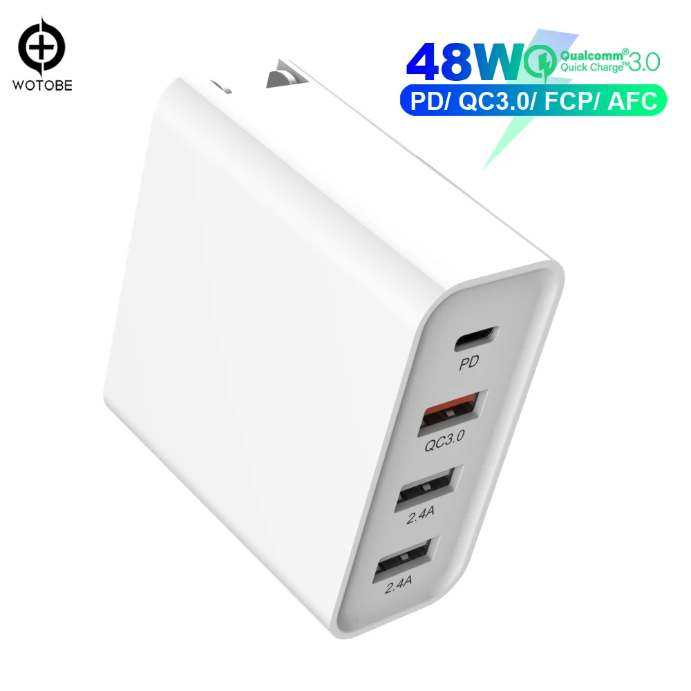 WOTOBE PD Quick Charge 3.0 48W 4-Port USB USB C Charger PowerPort for Galaxy Note iPhone iPad LG HUAWEI XIAOMI, PD 30W Mac book