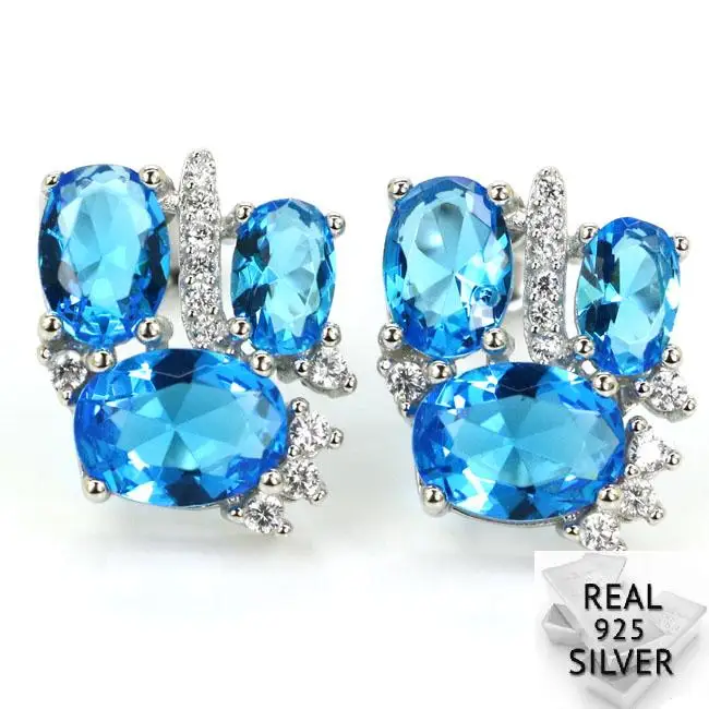 

3.3g Real 925 Solid Sterling Silver Ravishing Paris Blue Topaz CZ Woman's Engagement Stud Earrings 14x12mm