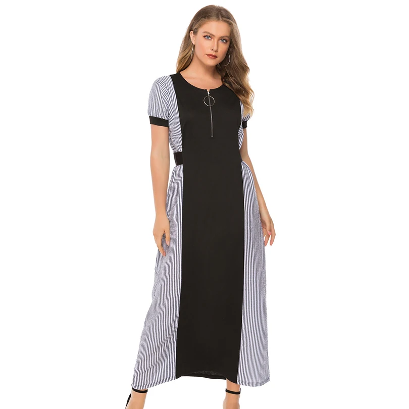 

Sexy O-Neck Striped Print Women Dress Long Patchwork Zippres Female Dress Summer Style Fashion Party Casual Beach Clothing 2019