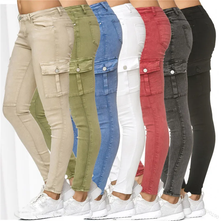 

Spring and autumn new trousers Europe and the United States hot jeans side stereo pockets tight women's pencil feet pants