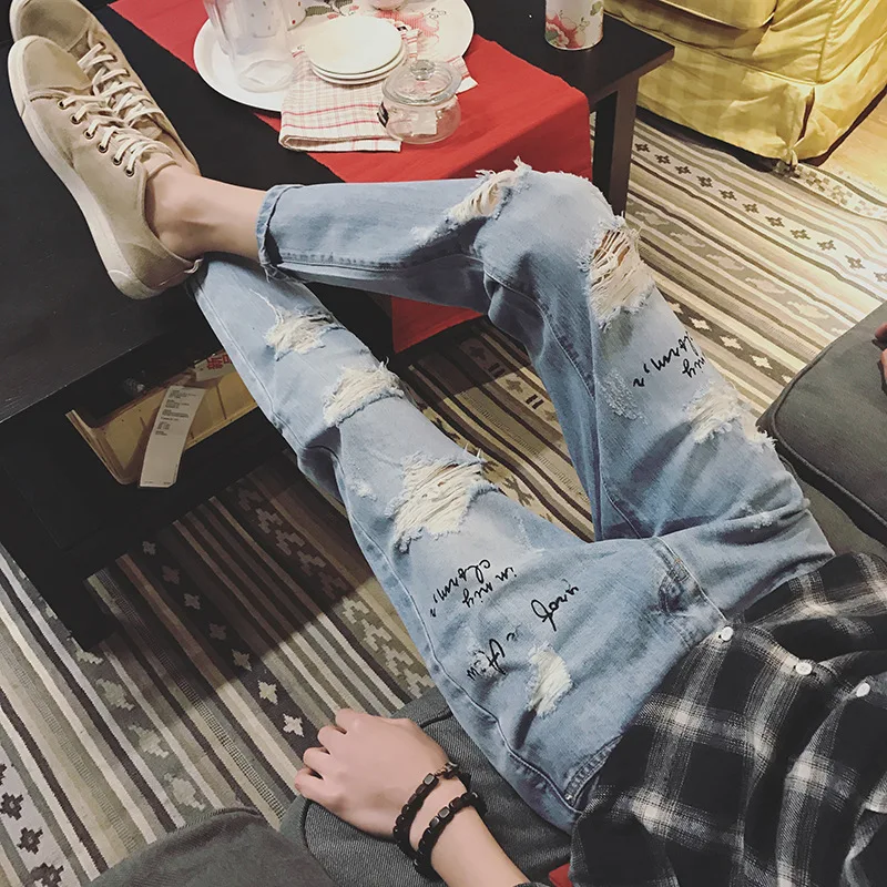 

Men jeans hole Pants Ankle-Length Trend personality letters Korean Hip Hop Man Harem Male Denim Trousers 2019 New