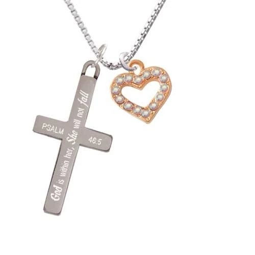 Rose Gold Tone AB Crystal Open Heart - She will not Fall - Cross Necklace (1)