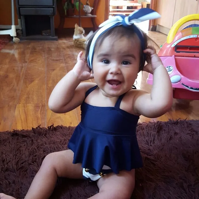 Navy/Beach Baby Girl Bikini Swimsuits Child Bathing Set Stripe Halter Strap Falbala Swimwear