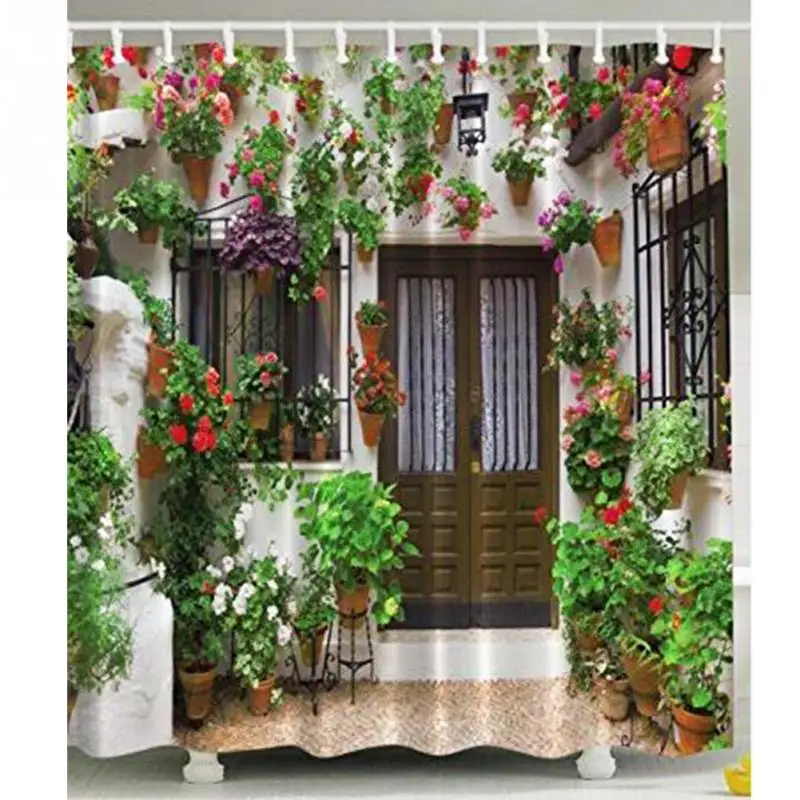 Spanish Garden House Shower Curtain Polyester Fabric Flowers Vines